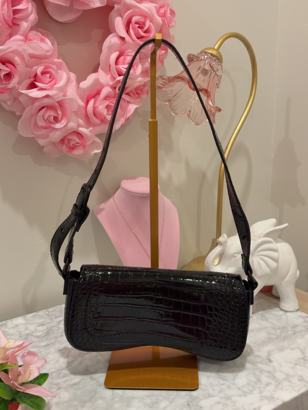Black Croc-Embossed Shoulder Bag - Women